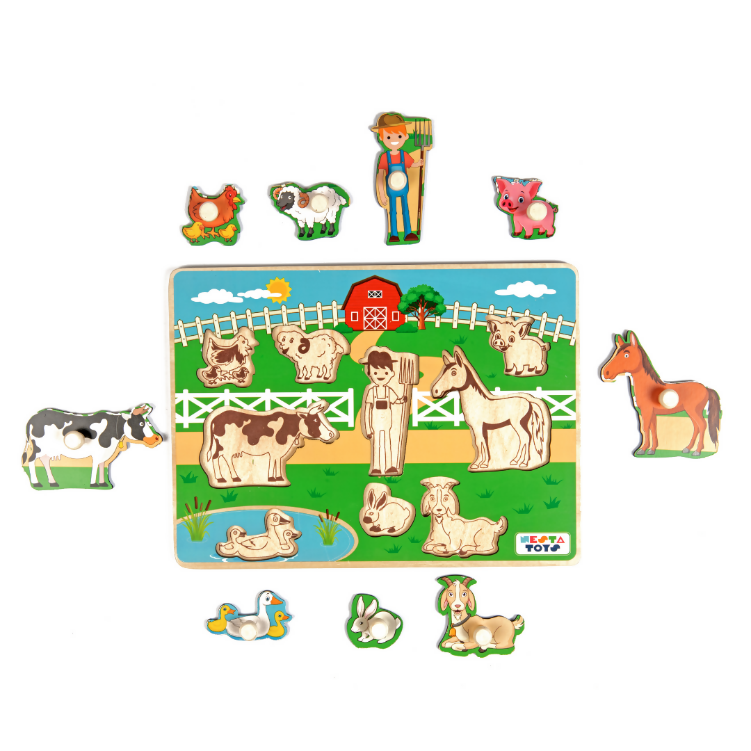 Nesta Toys Wooden Farm Animal Knob Puzzle (8 Pcs) | Grocsy