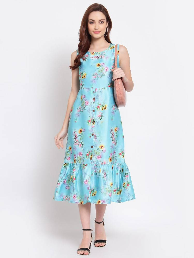 Myshka Women's Green Printed Cotton Blend Sleeveless Round Neck Casual Dress | Grocsy