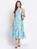 Myshka Women's Green Printed Cotton Blend Sleeveless Round Neck Casual Dress | Grocsy