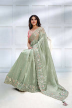 Green Banarasi Crush silk Sequence Embroidered with Stone work Saree - Mohmanthan Majestica | Grocsy