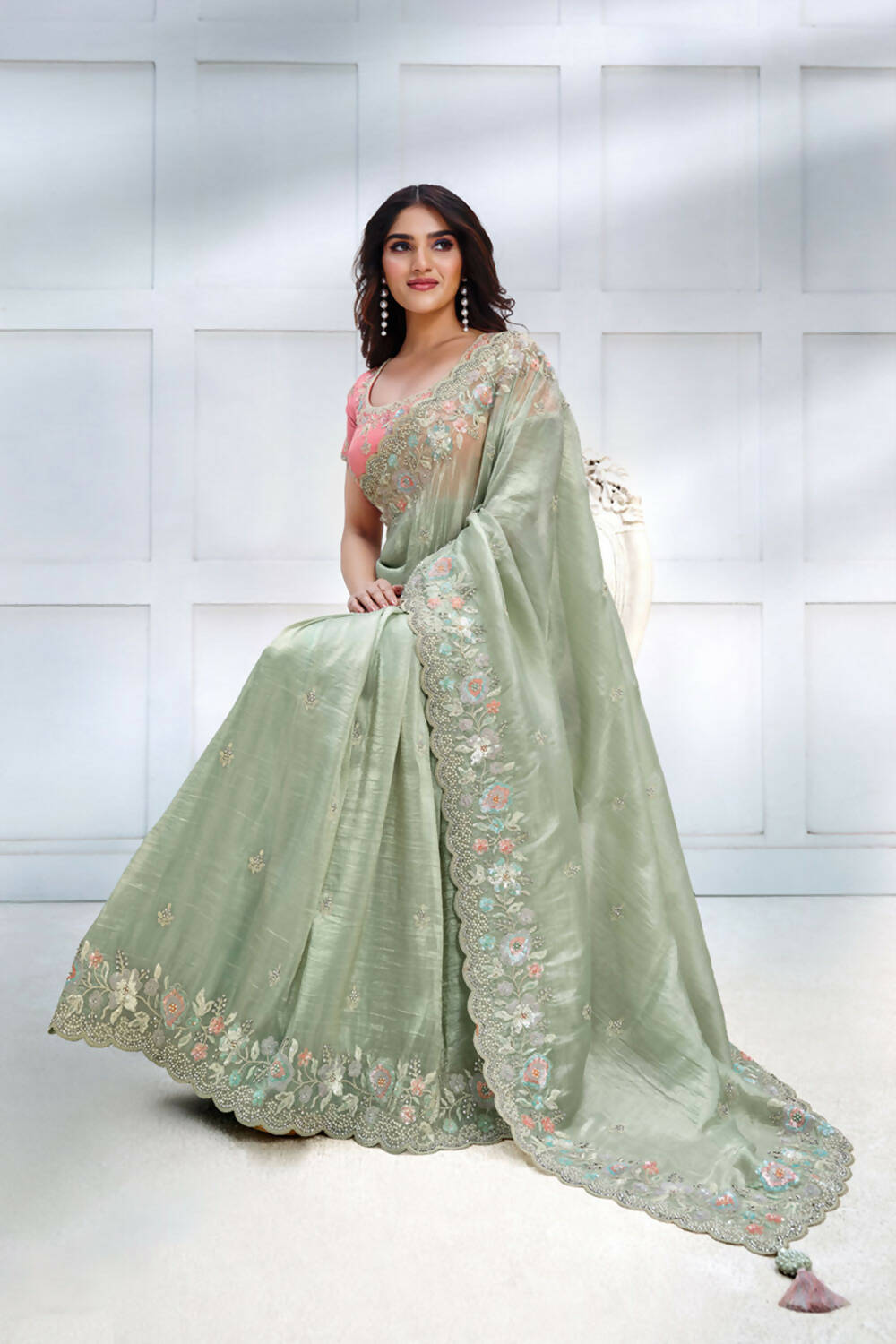 Green Banarasi Crush silk Sequence Embroidered with Stone work Saree - Mohmanthan Majestica | Grocsy
