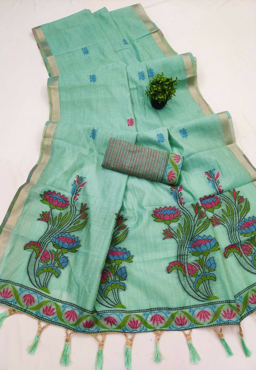 Vastranavya Sky Blue Muga Cotton Meenakari & Azarakh Pallu Saree with Contrast Blouse | Grocsy