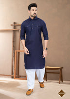 Joban Fashion Men's Blue Heavy Cotton Plain Kurta Pyjama set | Grocsy