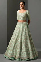 Jyoti Fashion Women's Sea Green Mulberry Silk Sequins, Dori & Thread Embroidered with Net Ruffle Work Designer Lehenga Choli Set | Grocsy