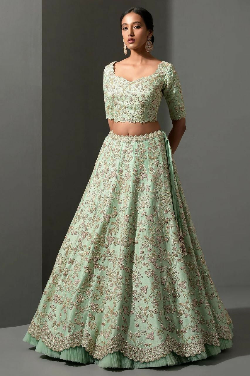 Jyoti Fashion Women's Sea Green Mulberry Silk Sequins, Dori & Thread Embroidered with Net Ruffle Work Designer Lehenga Choli Set | Grocsy