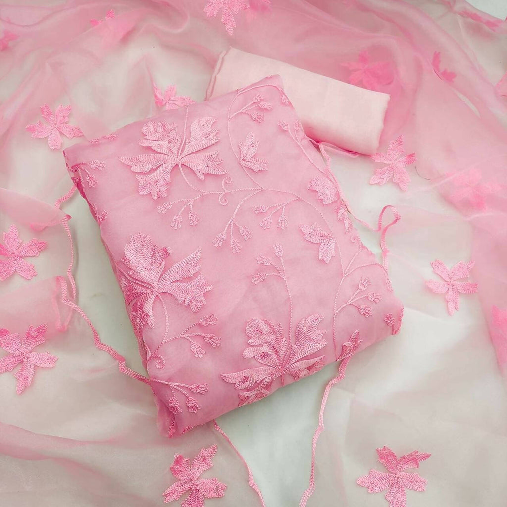 Pink Heavy Organza Silk Embroidered Unstitched Dress Material - Amara | Grocsy