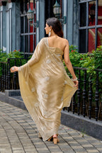 Vastranavya Beige Embroidery Work Shimmer Chiffon Saree with Unstitched Blouse | Grocsy