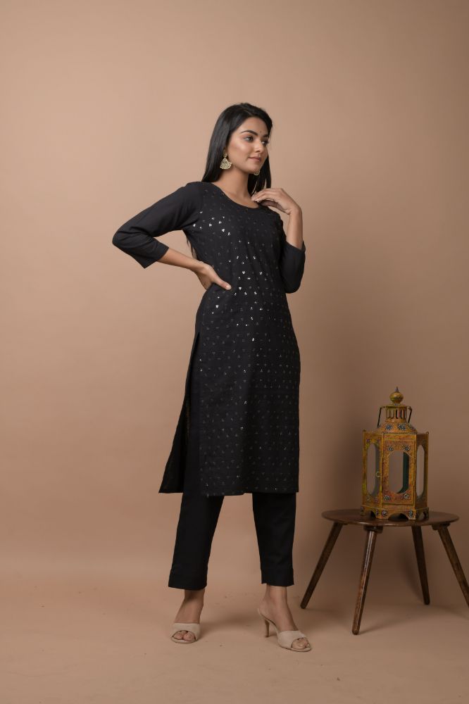 Kaajh Women's Black Solid Sequins Embellished Kurta Pant Set | Grocsy