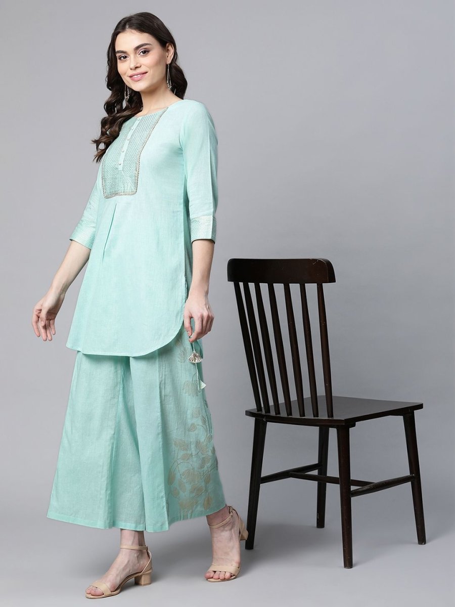 Ahalyaa Women Teal Pure Cotton Gold Foil Printed Pakistani Style Kurta Palazzo Set | Grocsy