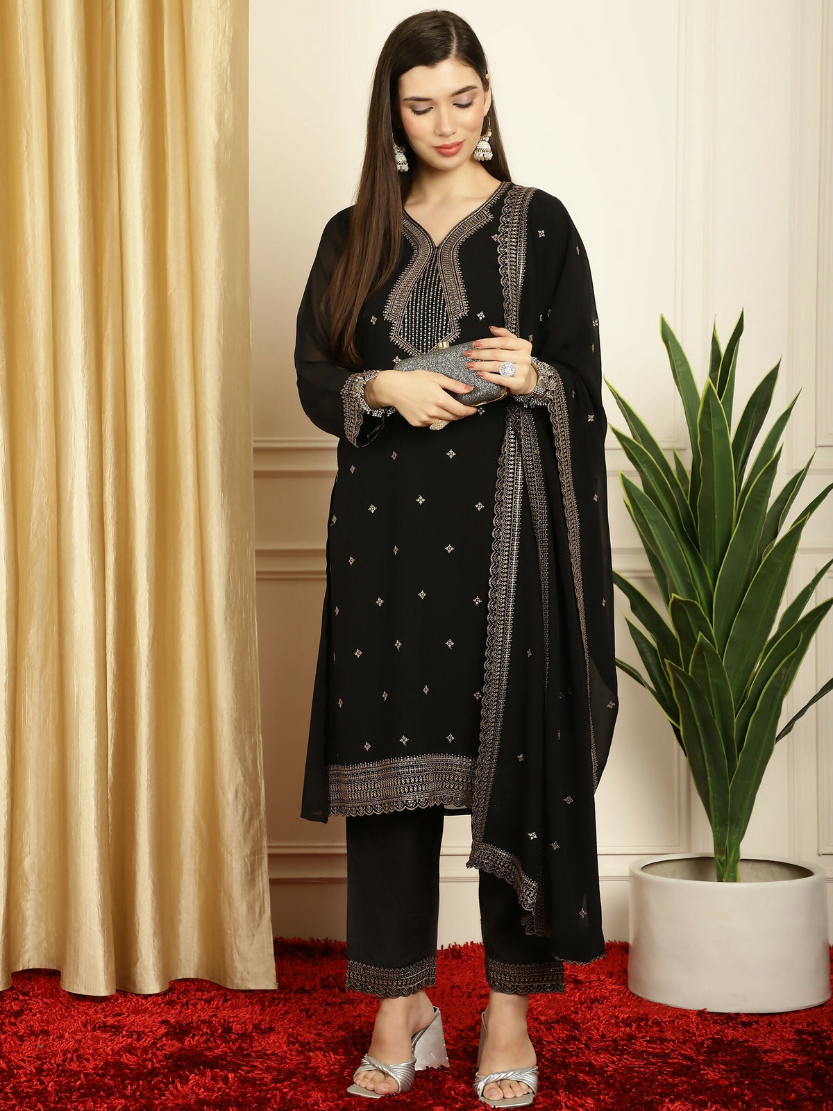 Jyoti Fashion Women's Black Georgette Resham Thread & Sequin Kurta with Trouser & Dupatta | Grocsy