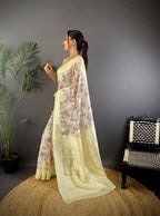 Elora Grey Silk Floral Motifs Coppery Tone Contrast Floral Border Banarasi Saree | Grocsy