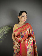 Joban Fashion Golden-Orange Intricate Floral & Leaf Soft Silk Paithani Saree | Grocsy