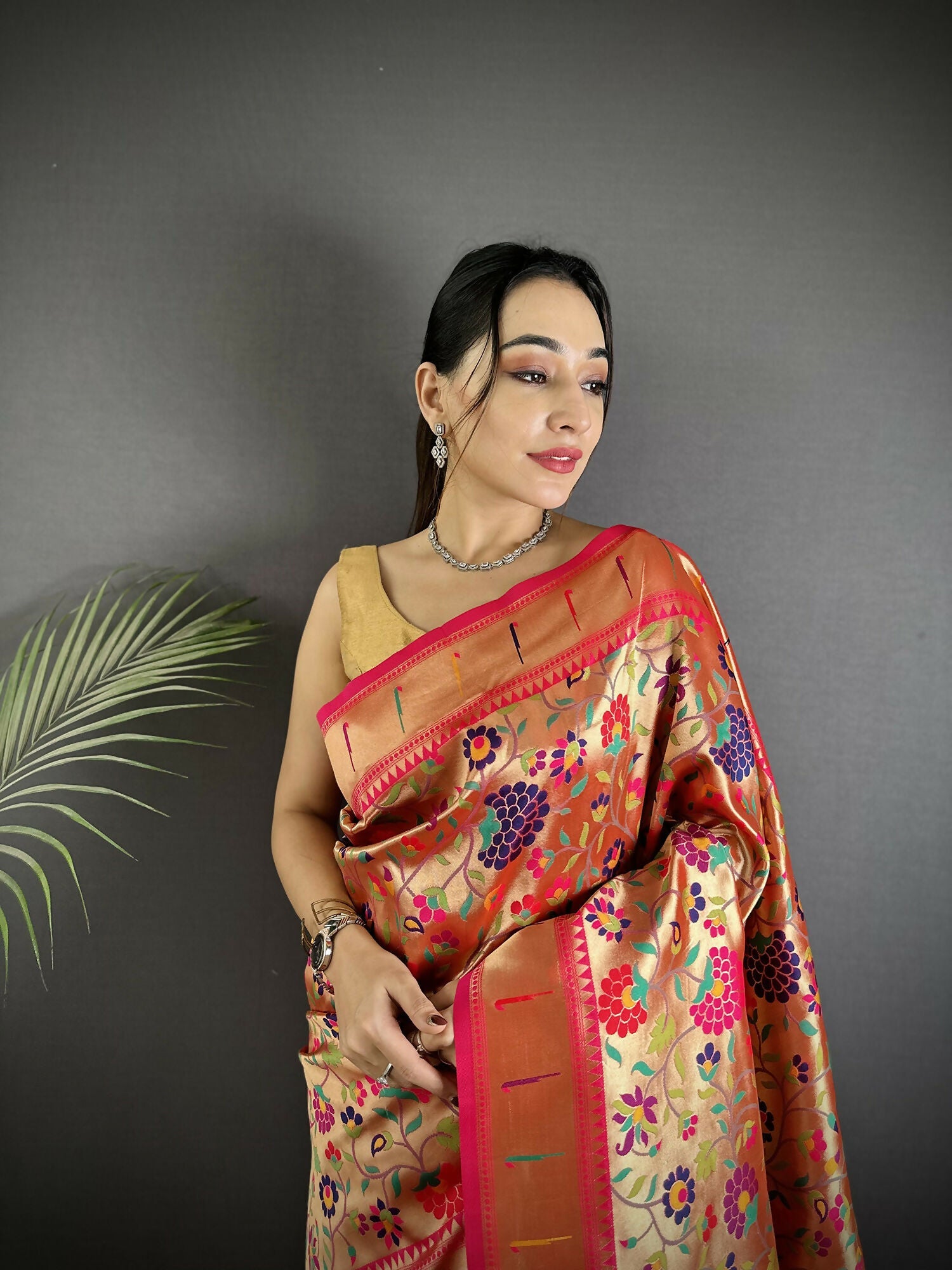 Joban Fashion Golden-Orange Intricate Floral & Leaf Soft Silk Paithani Saree | Grocsy