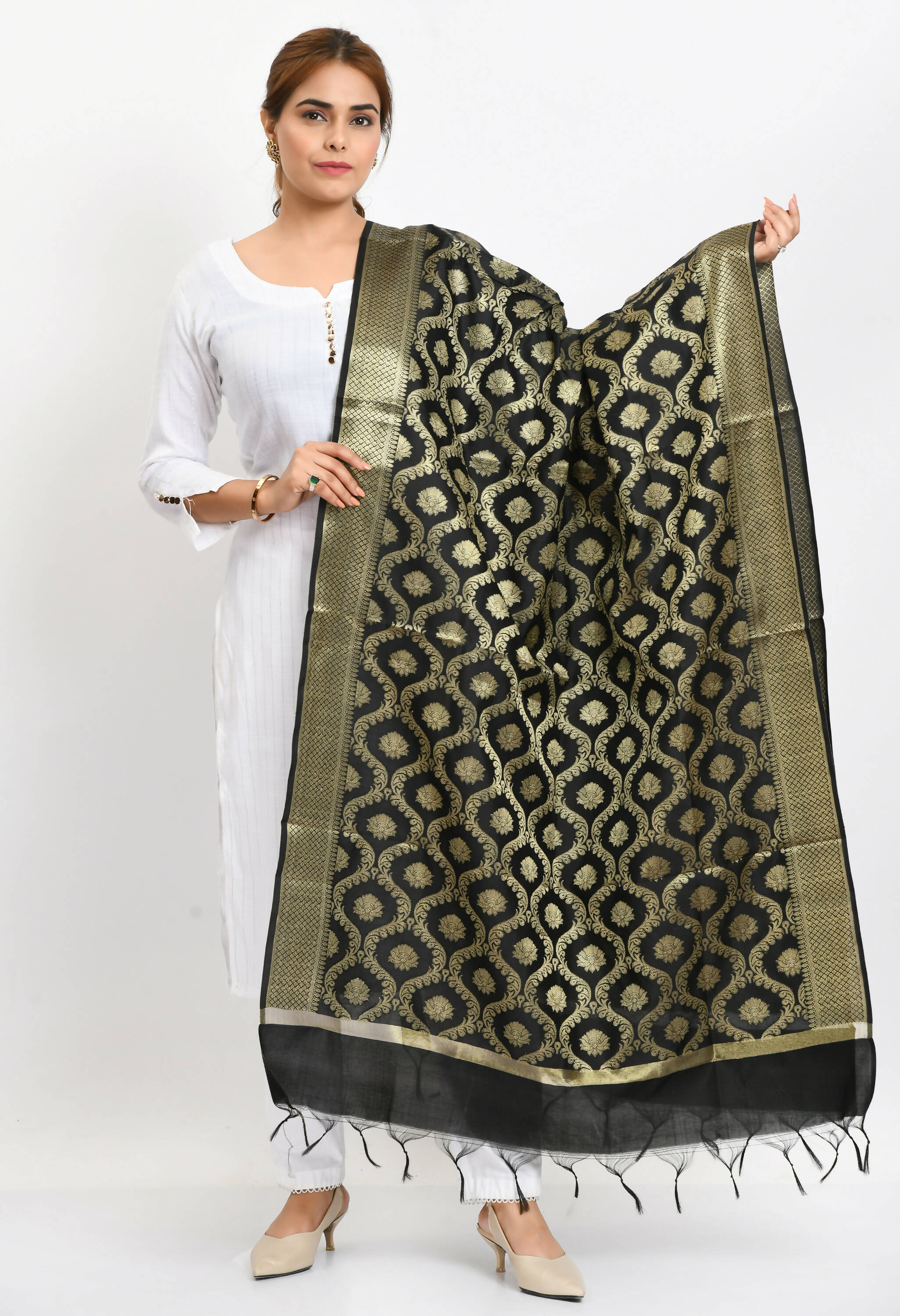 Mominos Fashion Moeza Women's Banarsi Silk All Over Woven Design Black Dupatta | Grocsy