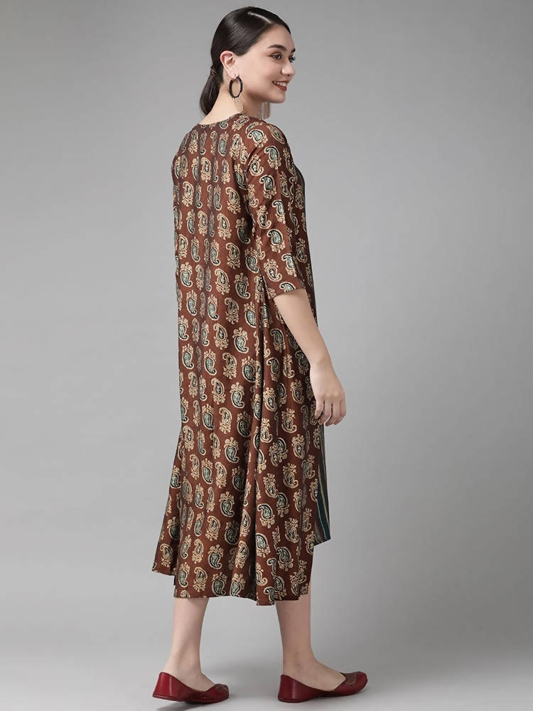 Yufta Teal Green & Coffee Brown Striped Yoke Embroidered Midi A-Line Dress & Ethnic Jacket | Grocsy
