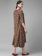 Yufta Teal Green & Coffee Brown Striped Yoke Embroidered Midi A-Line Dress & Ethnic Jacket | Grocsy
