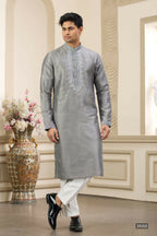 Raivat Ethnic Banarasi Art Silk Thread and Mirror Work Kurta Pajama In Grey Colour | Grocsy
