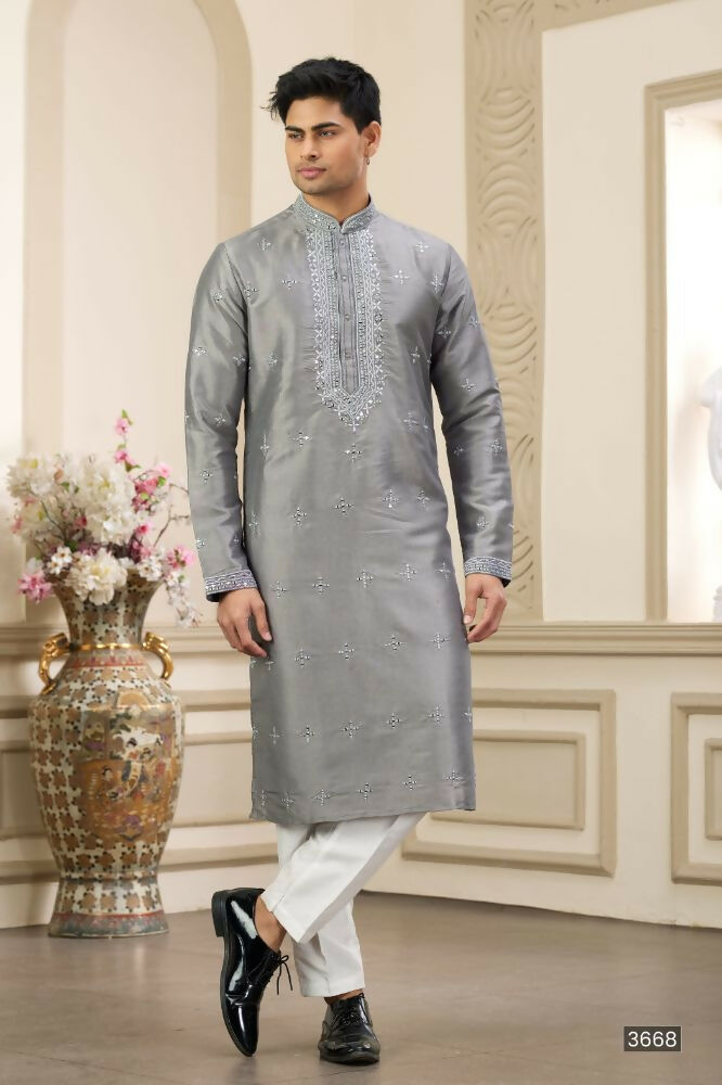 Raivat Ethnic Banarasi Art Silk Thread and Mirror Work Kurta Pajama In Grey Colour | Grocsy