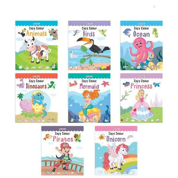 Jolly Kids Copy Colour Books Set of 8| Colouring Books: Animals, Flowers, Dinosaurs, Mermaid, Ocean, Pirates, Princess & Unicorn| Ages 3-10 years | Grocsy