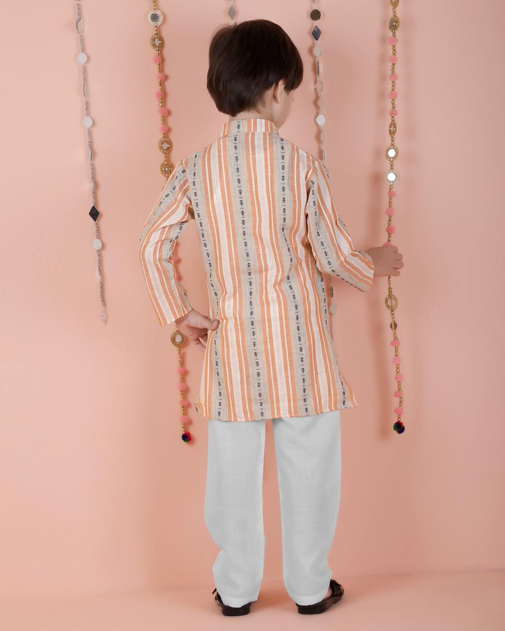 Joban Fashion Kids Island Cotton Full Sleeves Striped Kurta and Pyjama- Orange | Grocsy