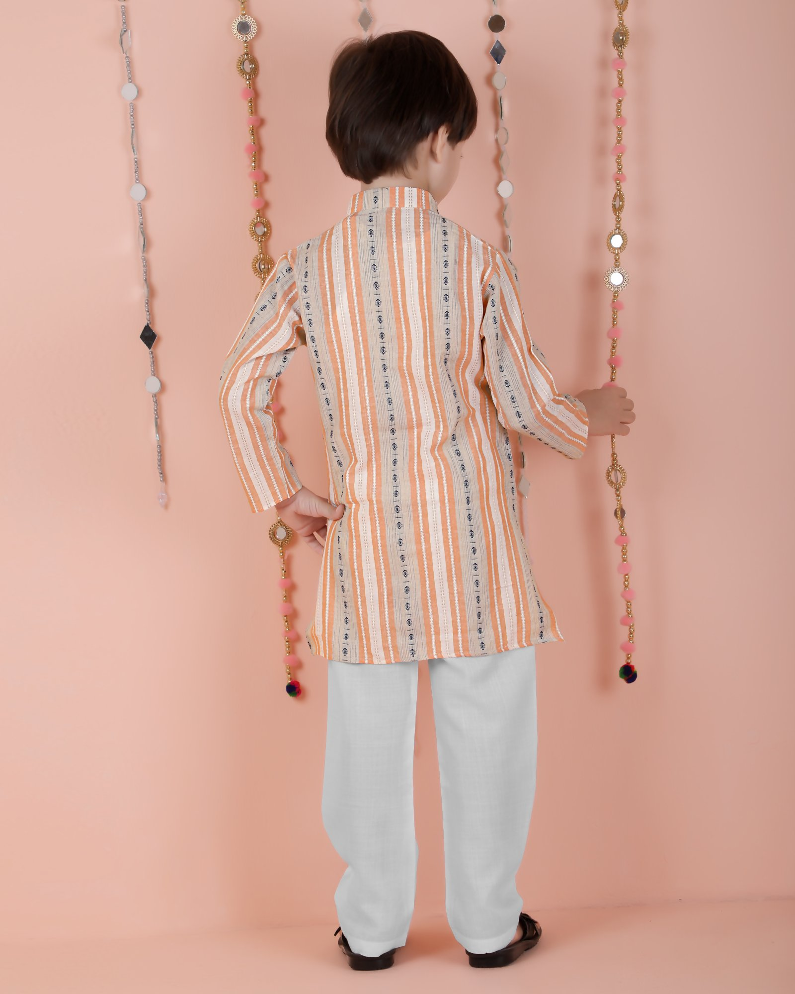 Joban Fashion Kids Island Cotton Full Sleeves Striped Kurta and Pyjama- Orange | Grocsy