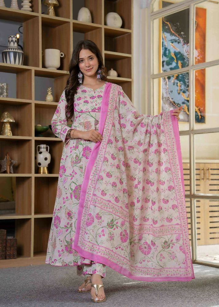 Jaimini Women Cotton Printed Round Neck 3/4 Sleeves Calf Length Flared Kurta Pant And Dupatta Set | Grocsy