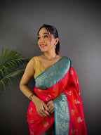 Joban Fashion Banarasi Hot Pink Woven Butti Soft Silk Saree | Grocsy
