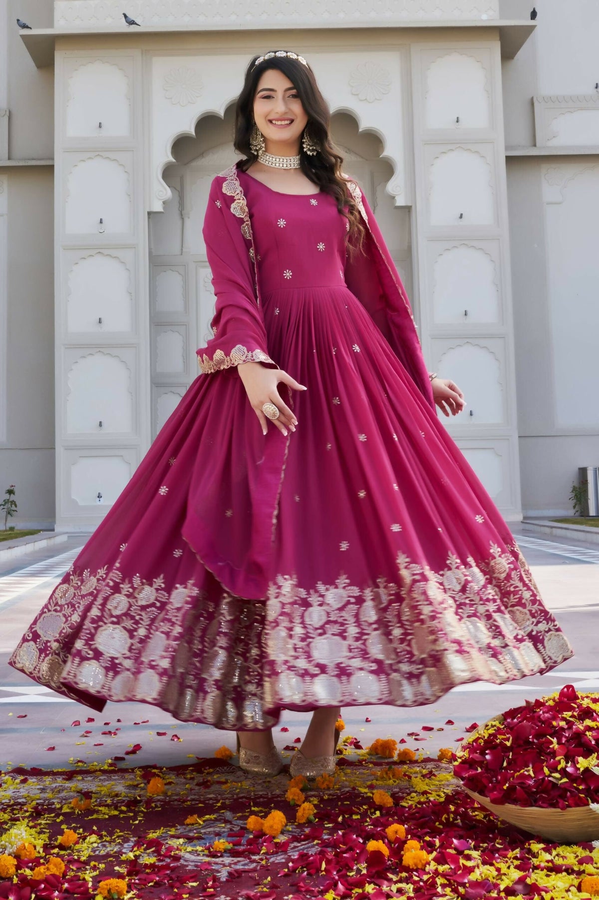Teeya Creation Womens Wedding Wear Heavy Sequence Embroidery Work Pink Gown Set | Grocsy