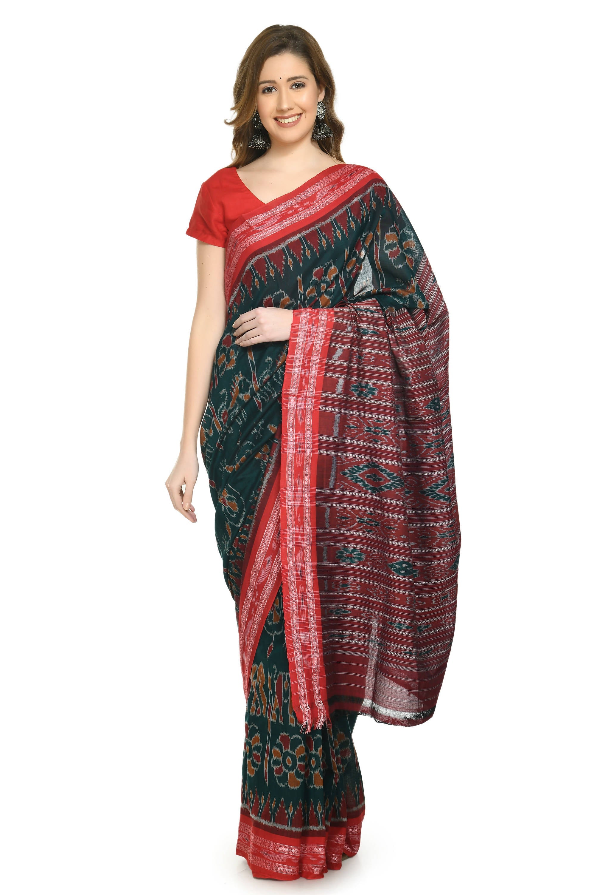 Vamika Sambalpuri Ikat Cotton Dehabandha Green & Red Saree | Grocsy