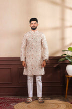 Beige Art Silk Digital Printed, Embroidery Work Kurta Set - Mahotsav | Grocsy