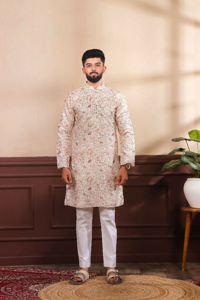 Beige Art Silk Digital Printed, Embroidery Work Kurta Set - Mahotsav | Grocsy