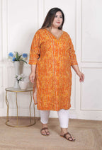 Miravan Women's Plus Size Yellow Bandhani Printed Straight Kurta | Grocsy