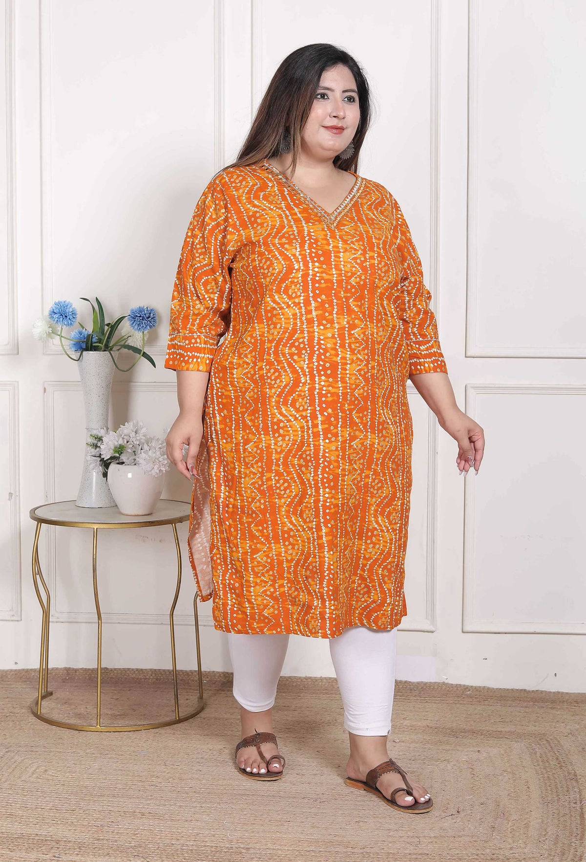 Miravan Women's Plus Size Yellow Bandhani Printed Straight Kurta | Grocsy