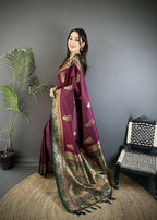 Joban Fashion Maroon Banarasi Soft Silk Peacock Butta Work Saree | Grocsy
