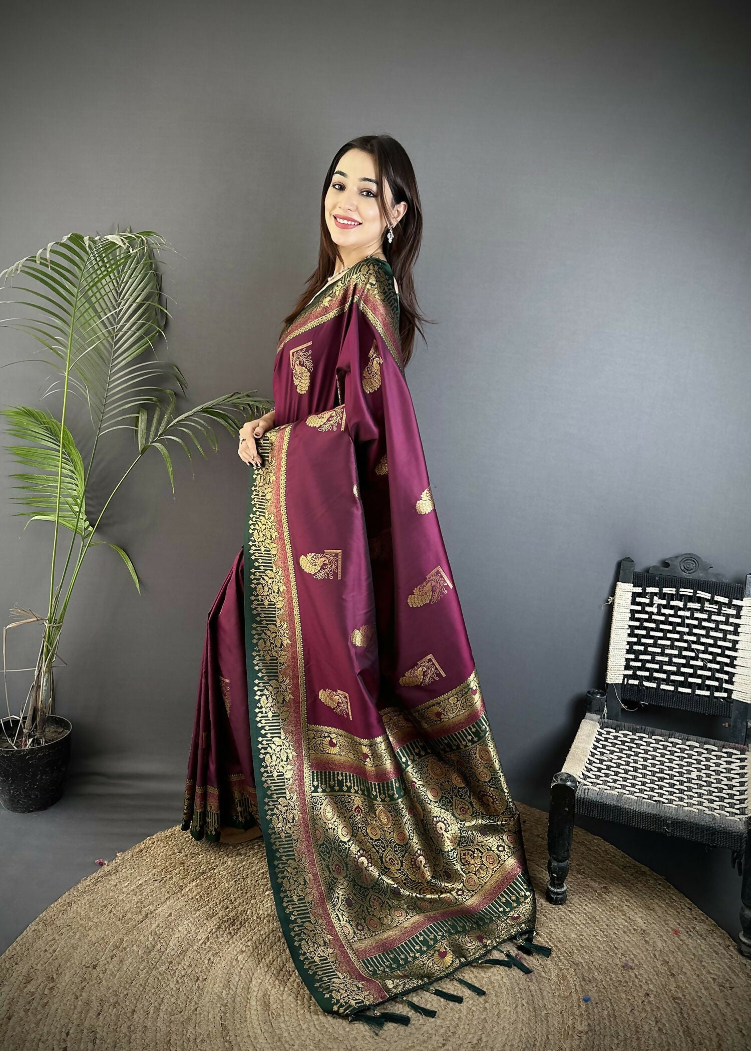 Joban Fashion Maroon Banarasi Soft Silk Peacock Butta Work Saree | Grocsy