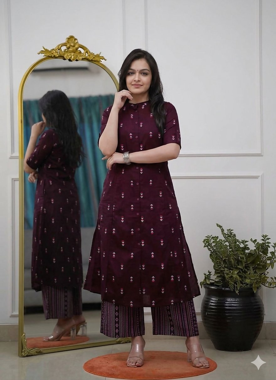 Teeya Creation Sophisticated Wine Colored Straight Kurta With Printed Palazzo Set | Grocsy