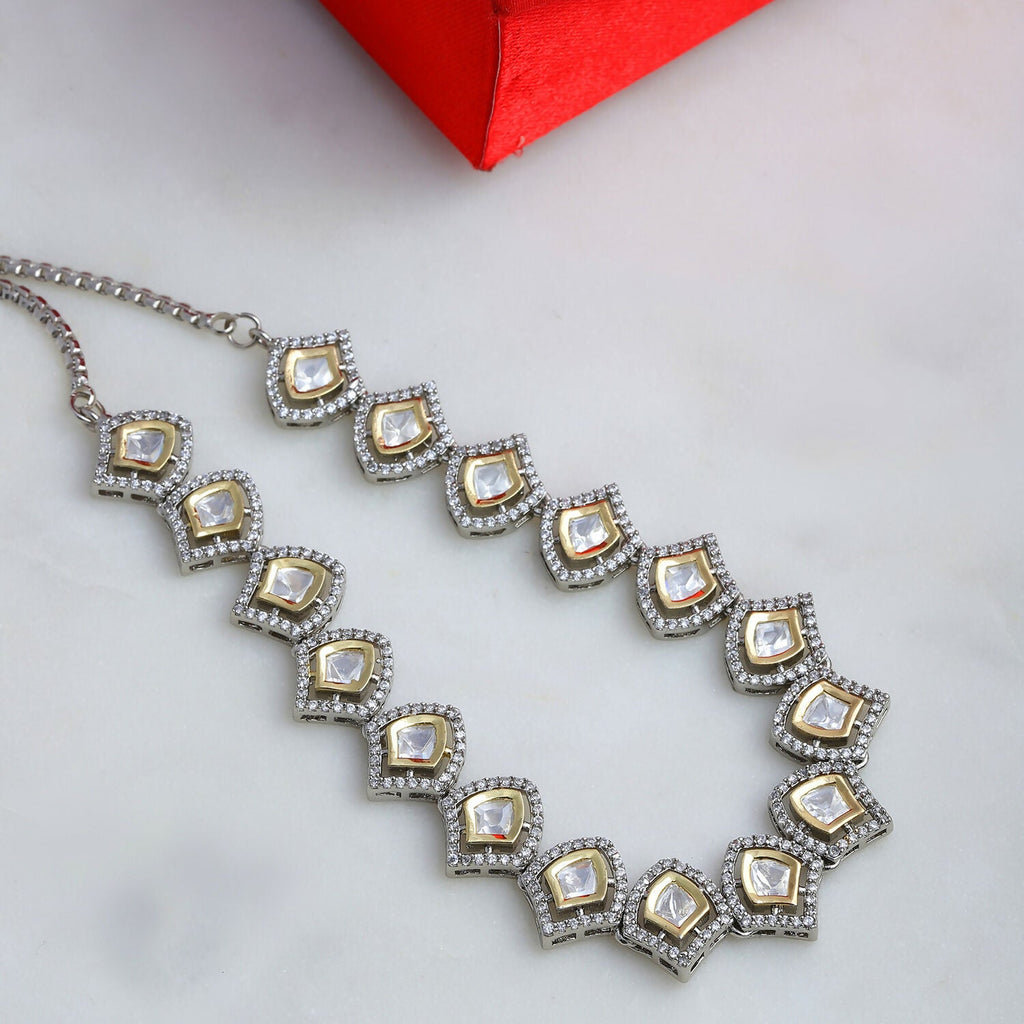 Silver Kundan and American Diamond Neckpiece (Silver) - Ruby Raang | Grocsy