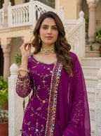 Teeya Creation Wine Faux Georgette Multi Thread Work Wedding Wear Sharara Set | Grocsy