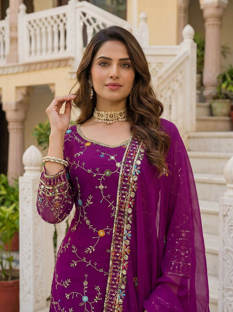 Teeya Creation Wine Faux Georgette Multi Thread Work Wedding Wear Sharara Set | Grocsy