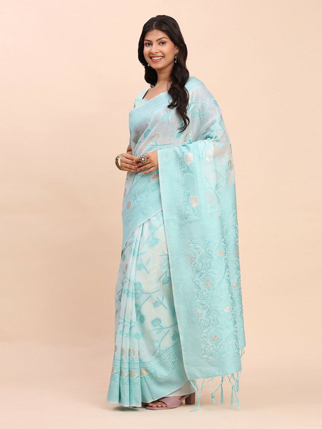 Shree Shyam Fashion Linen Cotton Sky Blue Saree | Grocsy