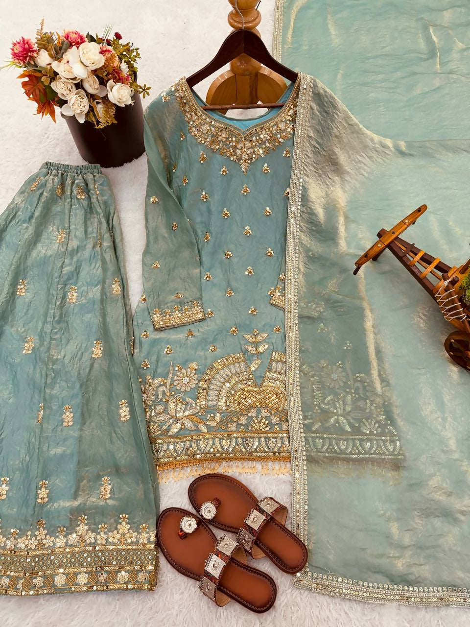 Teeya Creation Teal Fendy Silk Heavy Embroidery Work Party Wear Palazzo Suit | Grocsy