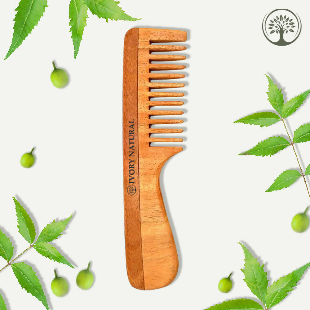 Ivory Natural Handle Kacchi Neem Comb For Gentle Detangling & Scalp Nourishment For Hair | Grocsy