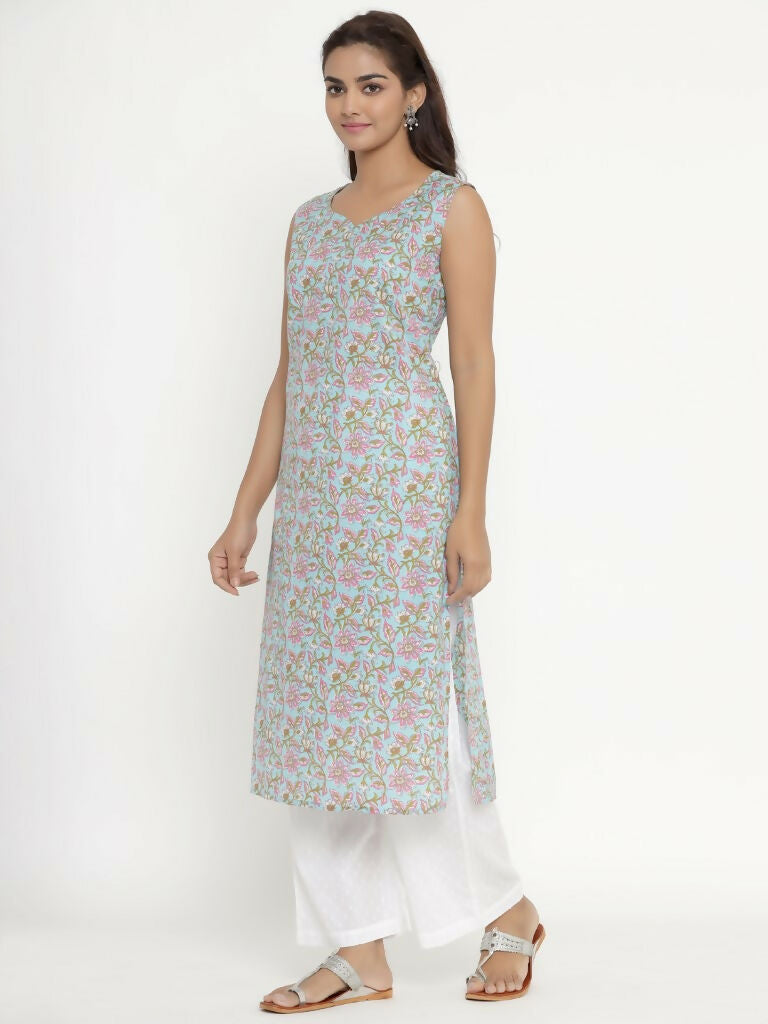 Miravan Women's Pure Cotton Floral Printed Sleeveless Straight Kurta | Grocsy