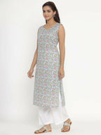 Miravan Women's Pure Cotton Floral Printed Sleeveless Straight Kurta | Grocsy