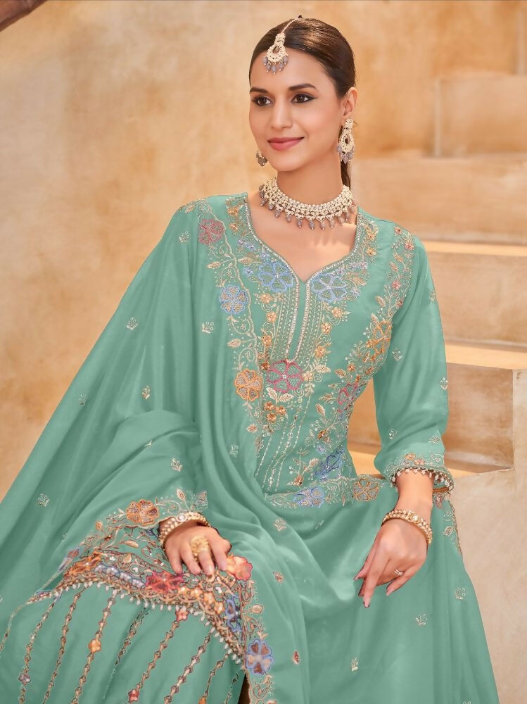 Anaita Sky Blue Vichitra Silk Readymade Palazzo Suit with Embroidery & Lace Work | Grocsy