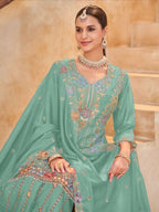Anaita Sky Blue Vichitra Silk Readymade Palazzo Suit with Embroidery & Lace Work | Grocsy