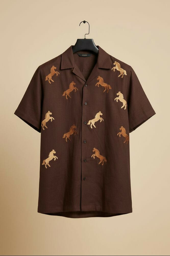 Galloping — Brown Horse Embroidered Cotton Shirt by Hilo Design | Grocsy