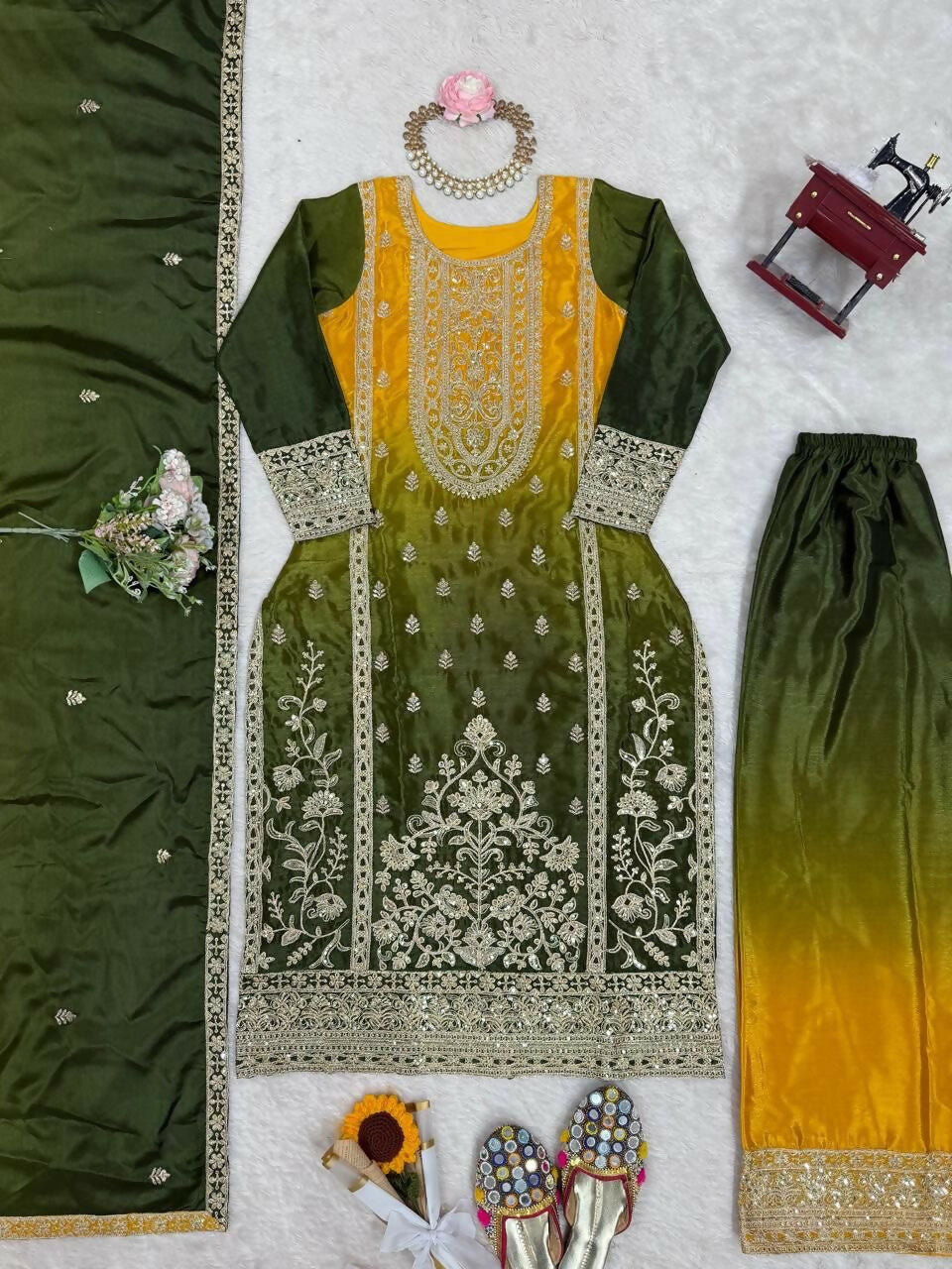 The52 Women's Gorgeous Chinon silk Fabric Embroidery Work Straight Kurta Palazzo and Dupatta Set | Grocsy