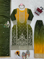 The52 Women's Gorgeous Chinon silk Fabric Embroidery Work Straight Kurta Palazzo and Dupatta Set | Grocsy
