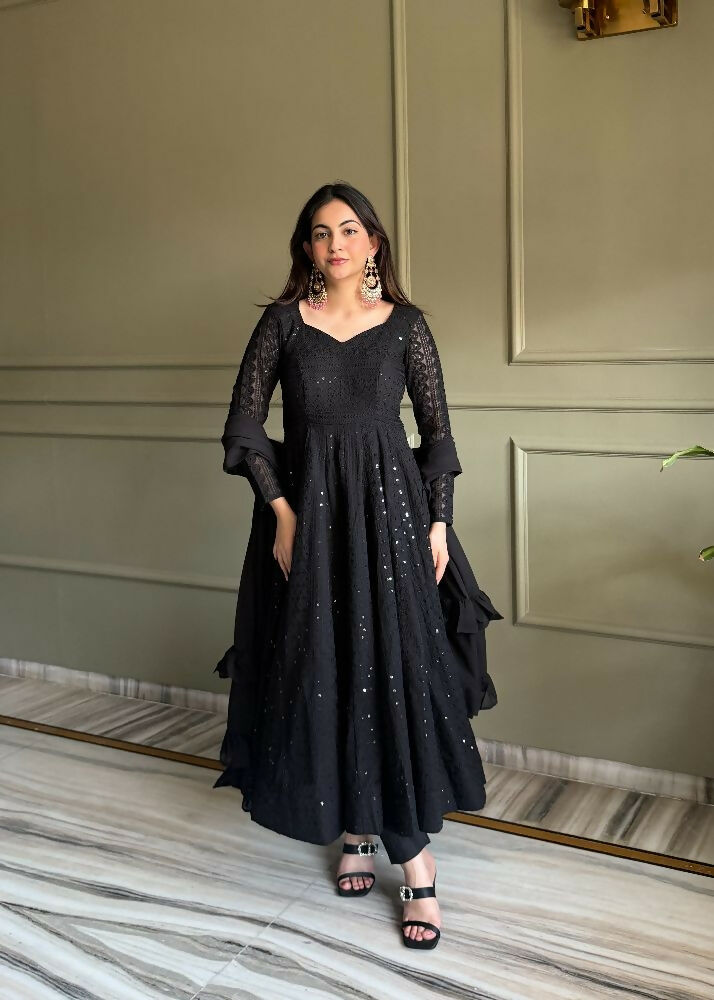 Teeya Creation Black Color Faux Georgette Heavy Embroidery Work Functional Wear Gown | Grocsy